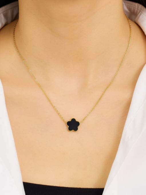 Gold Black Enamel Flower Necklace